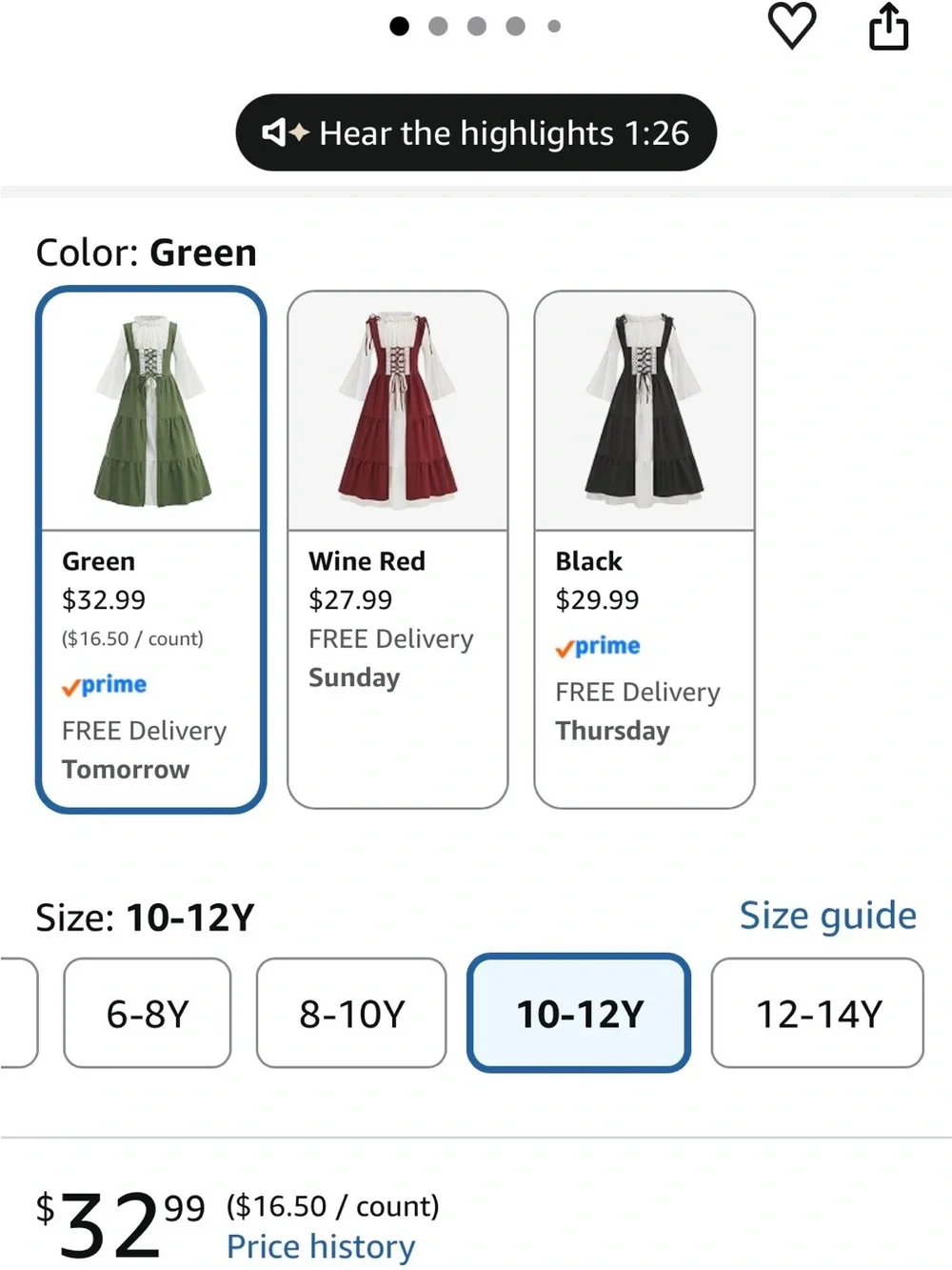 Green and White Kids Renaissance Peasant Dress Costume